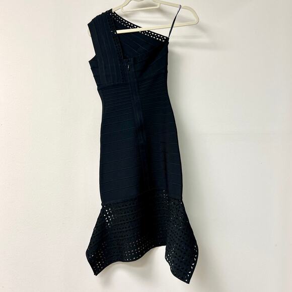 Herve Leger Sleeveless Asymmetric Knee Length Fishtail Dress Black Women's XS - Picture 3 of 6
